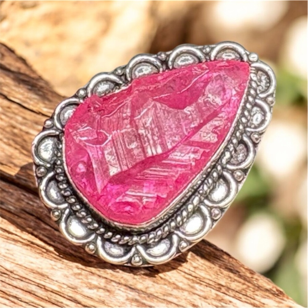 Hand carved Pink Titanium Quartz Teardrop Sterling Silver Ring